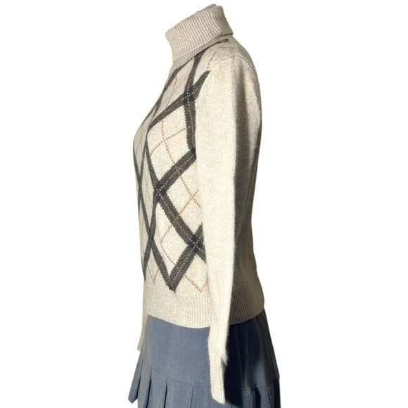 Vintage Evan Picone Tan & Brown Angora Blend Argyle Turtleneck Sweater Top Sz M - Picture 5 of 8